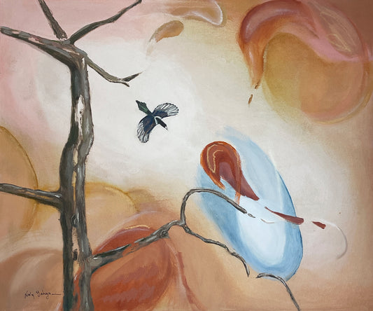 Yellow billed magpie flying in an imaginary  fall sky