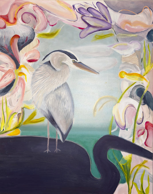 Heron surrounded by colorful floral and aquatic elements