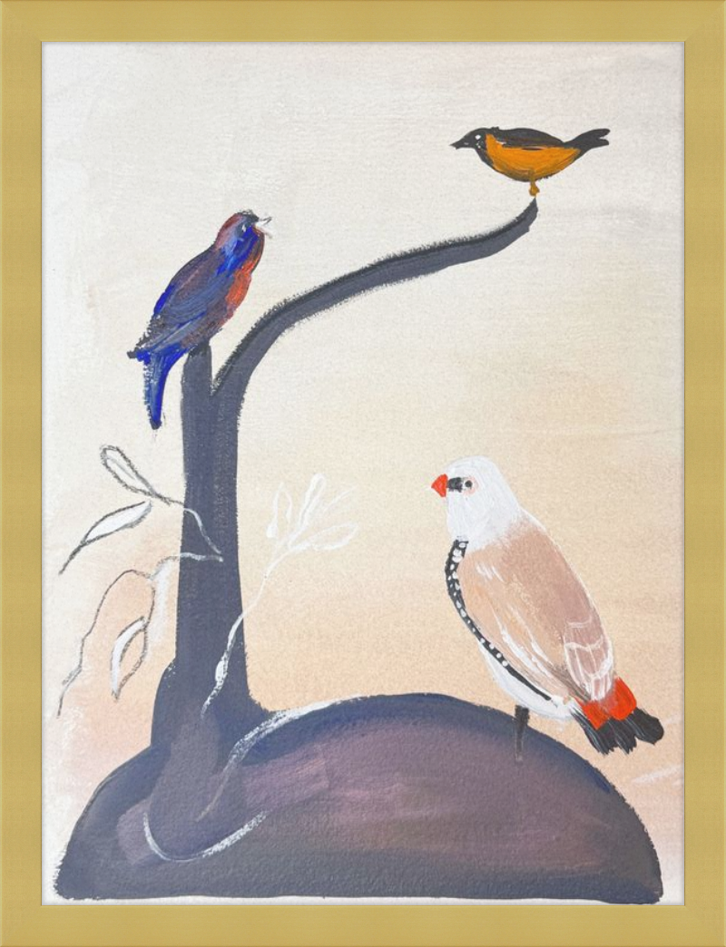 Artistic depiction of three birds on a branch with a gold border
