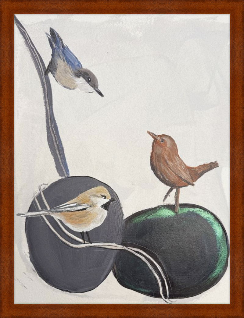 Illustration of three birds perched on plums with a wooden frame.