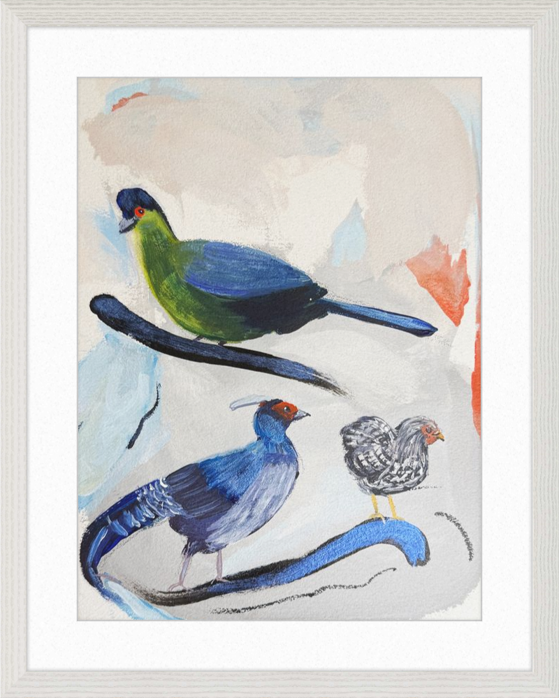 Framed artwork of three birds on a branch with a white border