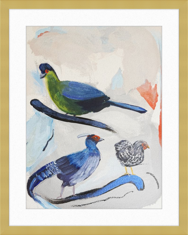 Illustration of three birds on a branch with a gold frame.