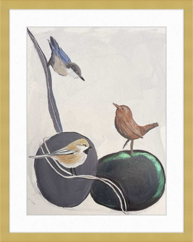 Illustration of three birds on stones with a gold frame.