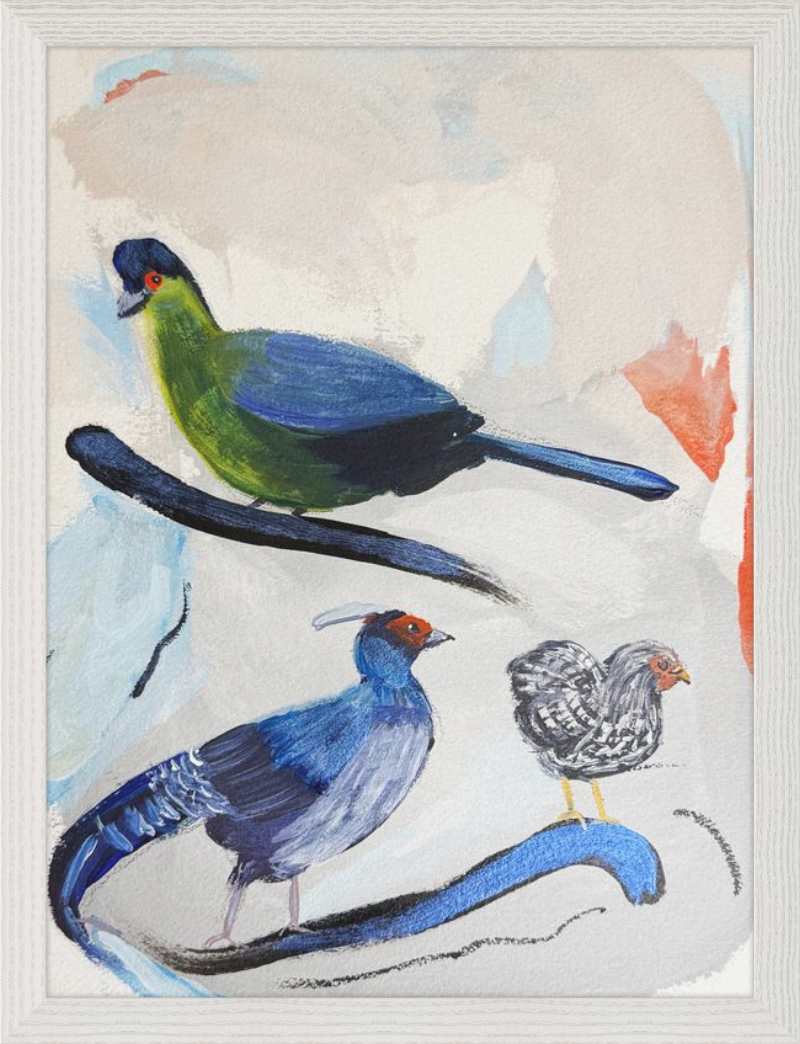 Artistic depiction of three birds on a branch with abstract background