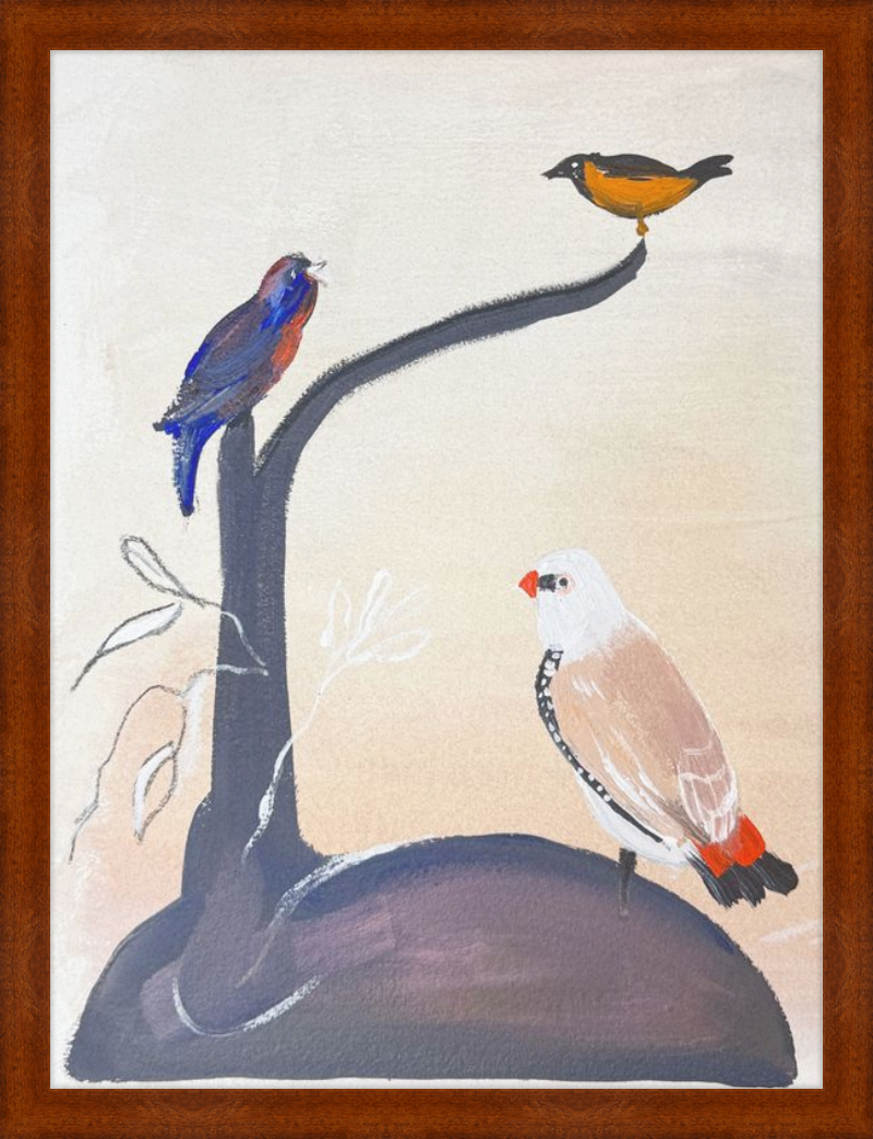 Artistic depiction of three birds on a branch with a plain background