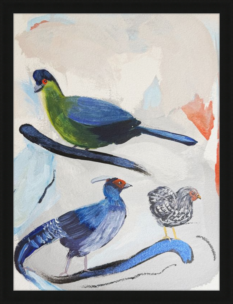 Artistic depiction of three birds on a branch with abstract background