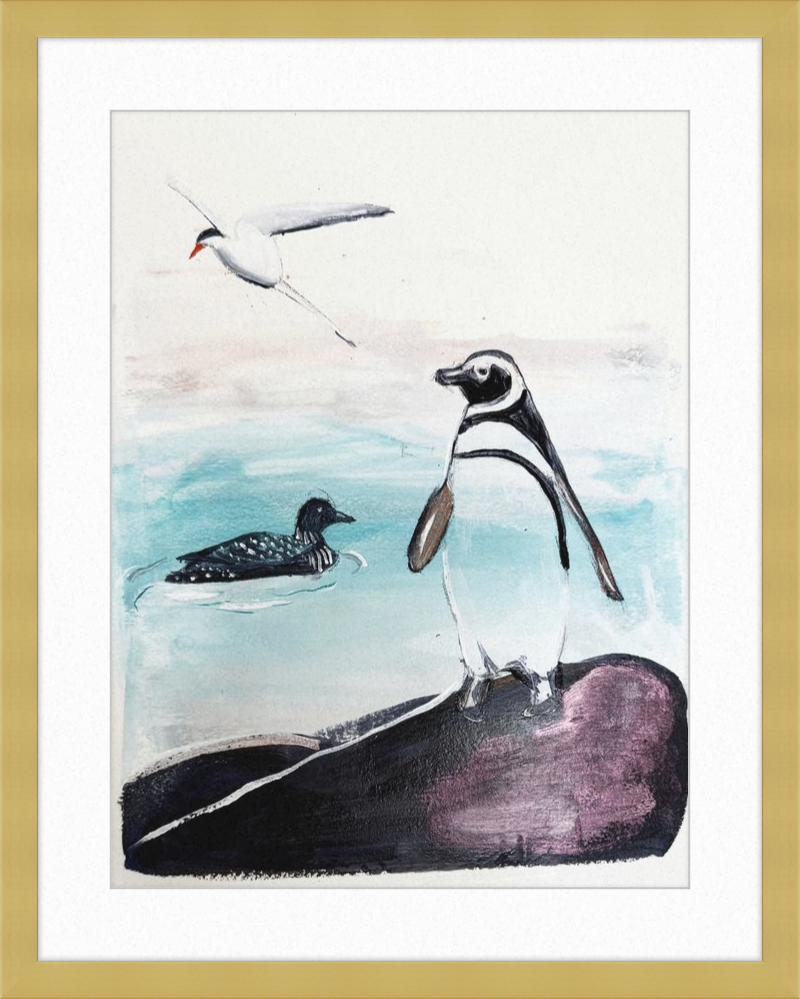 Illustration of a penguin, bird, and duck on a rock with water in the background.