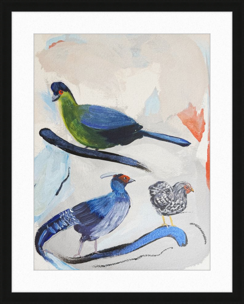 Illustration of three birds on a branch with a colorful background
