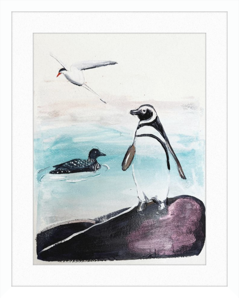 Illustration of a penguin, a bird, and a whale in a watercolor style.