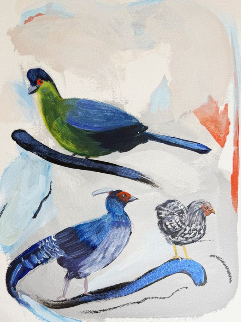 Three birds painted in blue, green, and gray on a textured beige background.