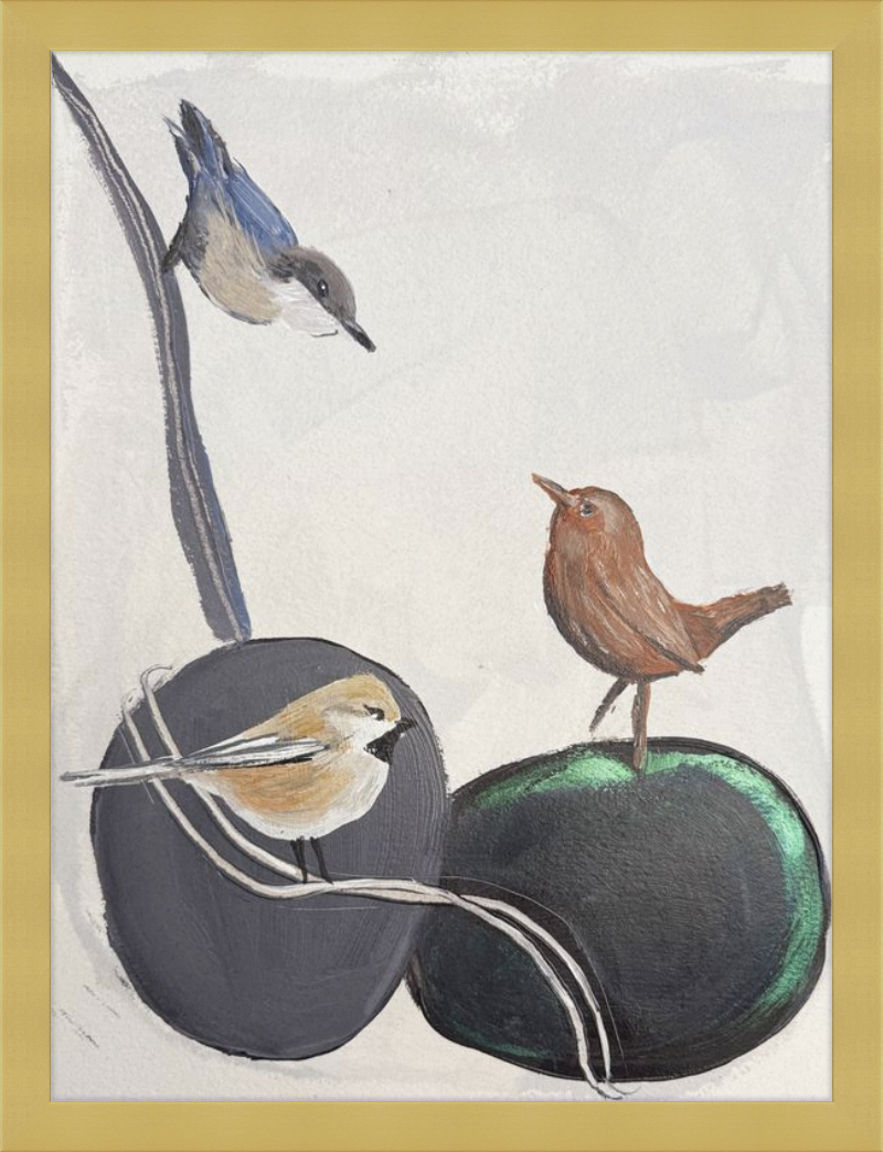 Illustration of three birds on stones with a gold frame.