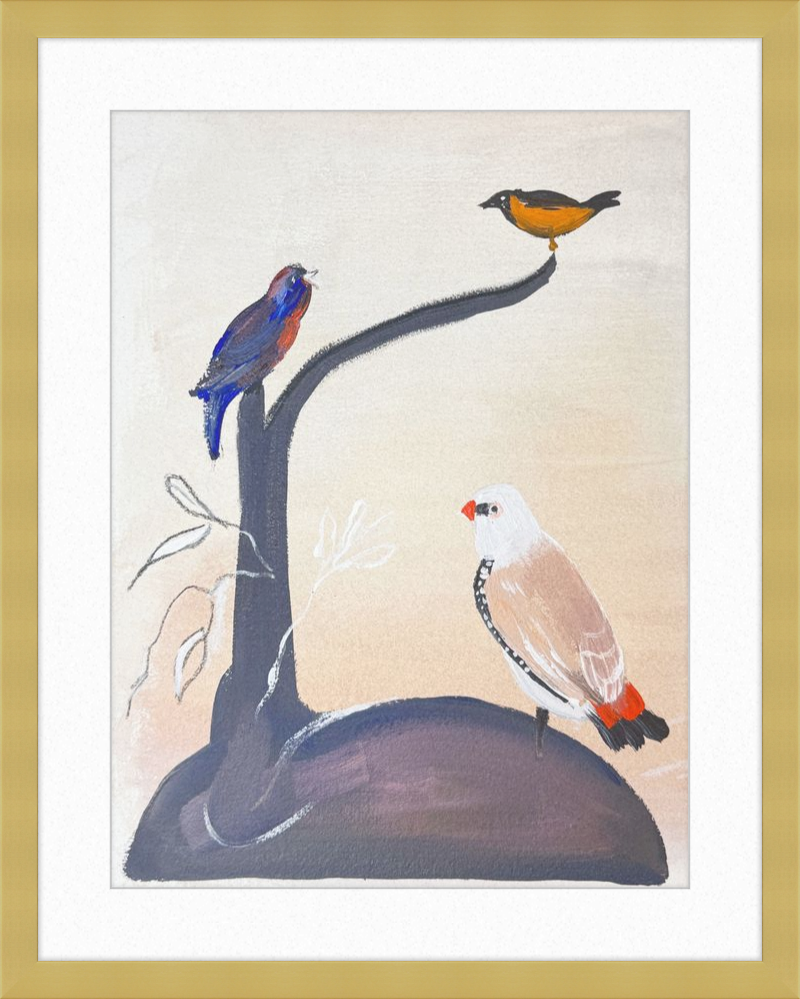 Artistic depiction of three birds on a branch with a gold frame.
