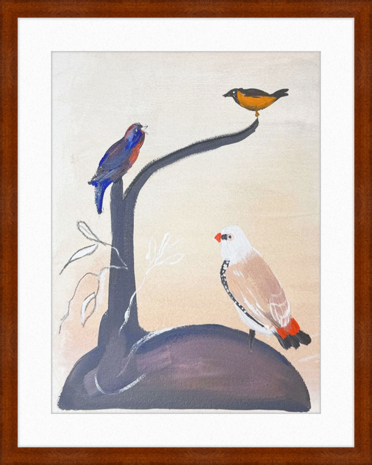 Artistic depiction of three birds on a branch with a plain background