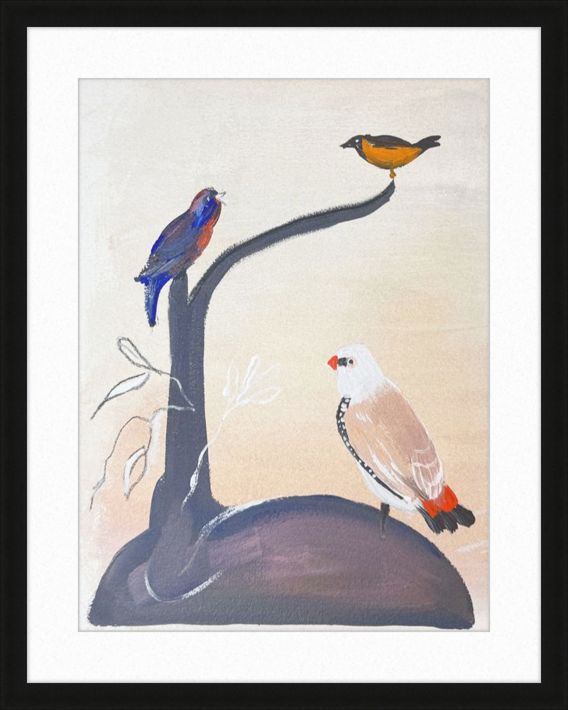 Artistic depiction of three birds on a branch with a white background