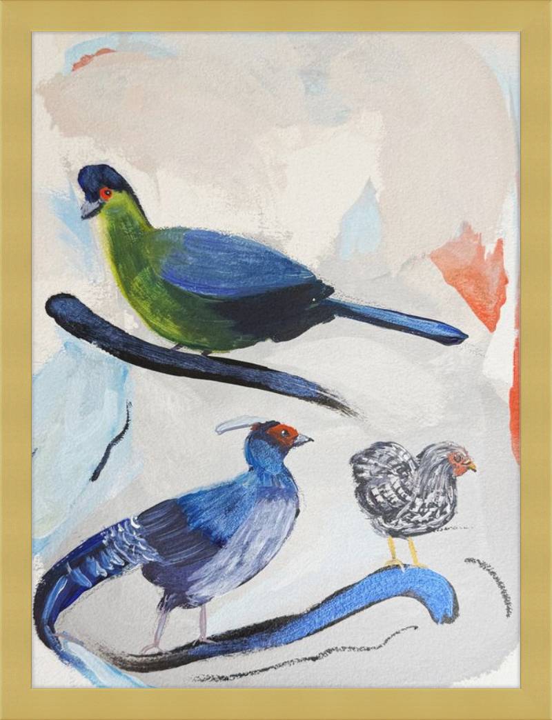Colorful painting of three birds on a branch with a gold frame.