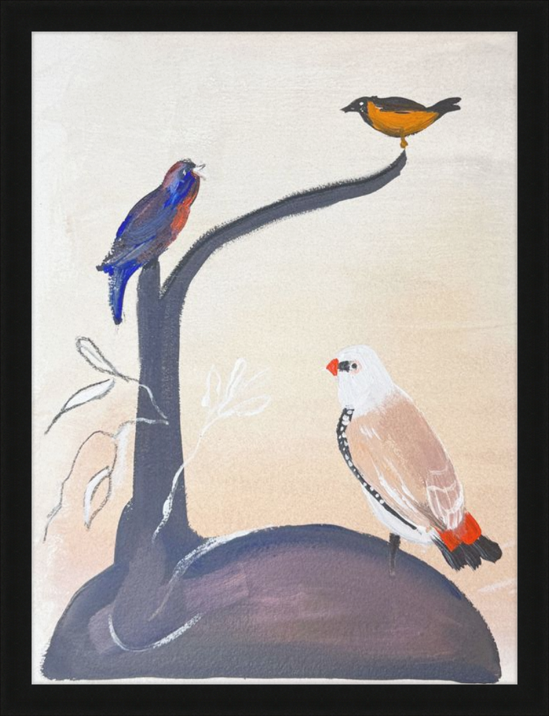Artistic depiction of three birds on a branch with a plain background