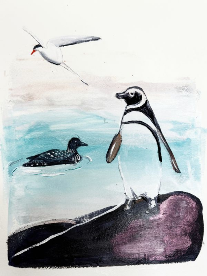 Illustration of a penguin, a bird, and a duck in a watercolor style.