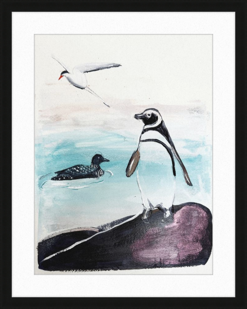 Illustration of a penguin, a duck, and a bird on a rock with water in the background.