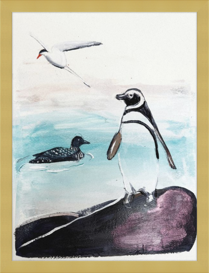 Illustration of a penguin, loon, and tern on a rock with water background